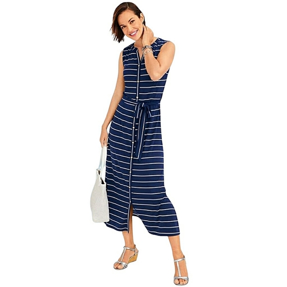 Talbots Navy Blue White Striped Sleeveless Maxi Dress V-neck Button Down Sz XLp - Picture 14 of 14